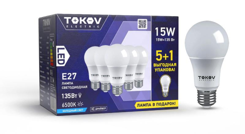 Лампа светодиодная 15Вт А60 6500К Е27 176-264В Promo 5+1 TOKOV ELECTRIC Promo-A60-E27-15-6.5K