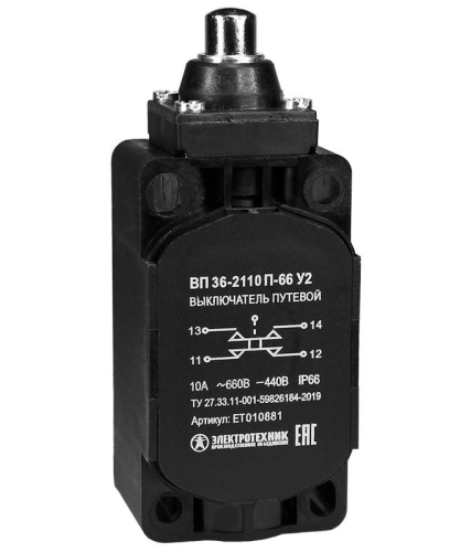 Выключатель путевой ВП 36-2110П-66 У2 толкатель 1з+1р безинерционный 30х60мм без сальника 3А IP66 Электротехник ET010881