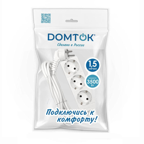 Удлинитель 3х1.5м с заземл. 16А IP20 3.5кВт ПВС 3х1 бел. DOMTOK 2389
