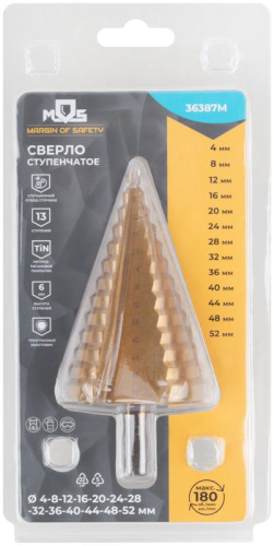 Сверло ступенчатое HSS по металлу 13 ступеней 4-8-12-16-20-24-28-32-36-40-44-48-52мм MOS 36387М