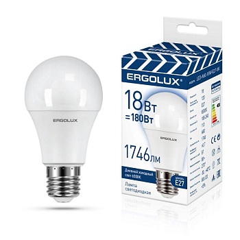 Лампа светодиодная LED-A60-18W-E27-6K замена ЛОН 18Вт Е27 6500К 172-265В ПРОМО Ergolux 15559