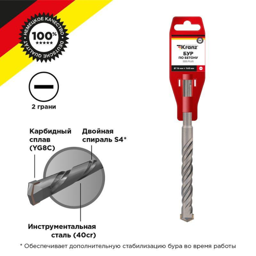 Бур по бетону 16x160x100мм SDS PLUS Kranz KR-91-0033
