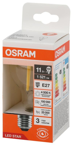 Лампа светодиодная филаментная LSCLA150 11W/840 230V FIL 11Вт 4000К нейтр. бел. E27 1521лм A угол пучка 300град. 220-240В (замена 150Вт) прозр. стекло OSRAM 4058075684249