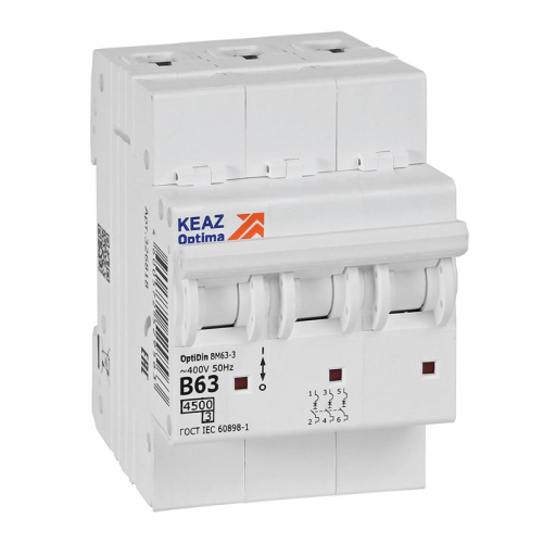 Выключатель автоматический модульный 3п B 63А OptiDin BM63-3B63-4.5-УХЛ3 КЭАЗ 329525