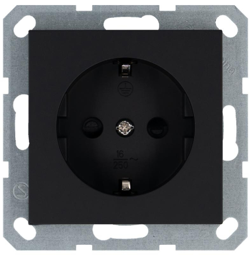 Розетка 1-м Shuko 16А IP20 с заземл. защ. шторки механизм черн. матов. soft touch Jasmart G5501PB