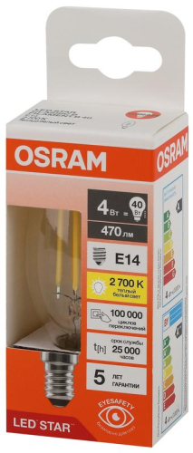 Лампа светодиодная филаментная LS CLB40 4W/827 230VFILCL 4Вт 2700К тепл. бел. E14 470лм B угол пучка 300град. 220-240В (замена 40Вт) прозр. стекло OSRAM 4058075683877
