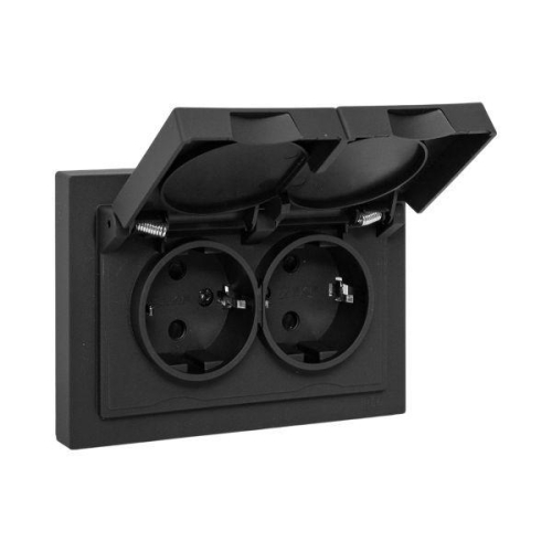 Розетка 2-м СП Эпика 16А IP44 с заземл. защ. шторки с рамкой с крышками механизм черн. EKF UP1-SOB-211-44