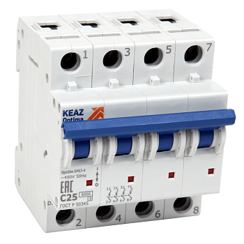 Выключатель автоматический модульный 4п C 16А 6кА OptiDin BM63-4C16-УХЛ3-РЕГ КЭАЗ 280443