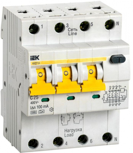 Выключатель автоматический дифференциального тока 4п (3P+N) C 25А 100мА тип A 6кА АВДТ-34 IEK MAD22-6-025-C-100