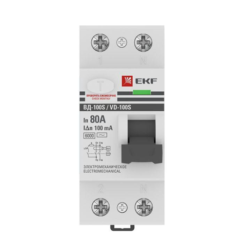 Выключатель дифференциального тока (УЗО) 2п 80А 100мА тип AC 6кА ВД-100 селектив. электромех. PROxima EKF elcb-2-6-80-100S-em-pro
