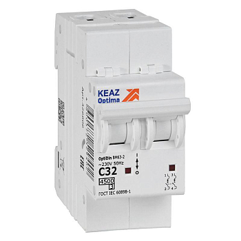 Выключатель автоматический модульный 2п C 32А 4.5кА OptiDin BM63-2C32-4.5-УХЛ3 КЭАЗ 326806