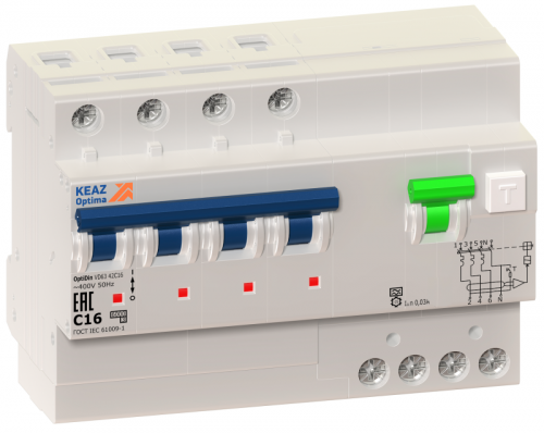Выключатель автоматический дифференциального тока 4п C 10А 30мА тип A 6кА OptiDin VD63 УХЛ4 КЭАЗ 103475