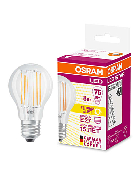 Лампа светодиодная филаментная LED STAR CLASSIC A 75 8W/827 8Вт грушевидная 2700К тепл. бел. E27 1055лм 220-240В прозр. стекло OSRAM 4058075055339