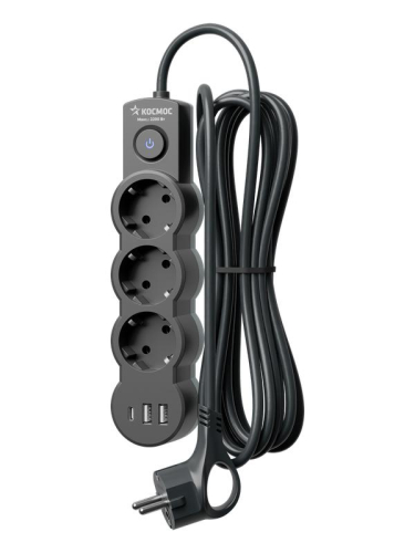 Удлинитель 3х1.5м с заземл. 10А IP20 USB 2800Вт 220В ПВС 3х1 с выкл. черн. КОСМОС YKsm1.5m3g-Z-VU10А-B