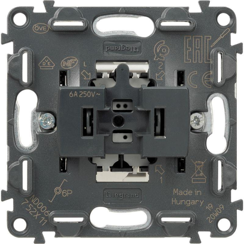 Выключатель кнопочный 1-кл. Valena In'matic 6А 250В безвинтов. зажимы механизм Leg 752011