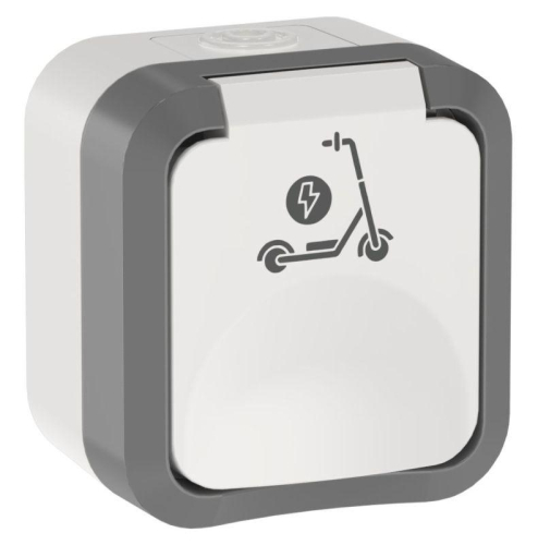 Розетка 1-м ОП TORS 16А IP55 TS321 с заземл. защ. шторки с крышкой с иконкой самокат сер./бел. IEK TS-R110-16-55-K41