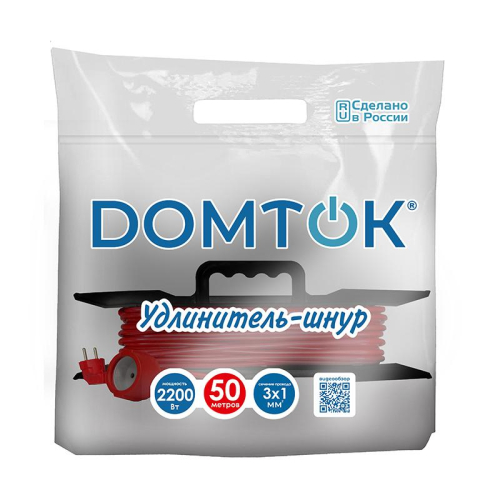 Удлинитель-шнур на рамке 1х50м с заземл. 10А IP20 2.2кВт ПВС 3х1 DOMTOK 2482