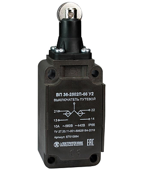 Выключатель путевой ВП 36-2502П-66 У2 1НО+1НЗ 3А IP66 толкатель с роликом инерционный 30х60мм без сальника Электротехник ET010884