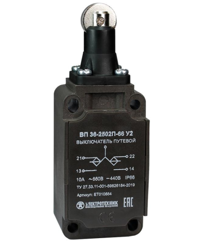 Выключатель путевой ВП 36-2502П-66 У2 1НО+1НЗ 3А IP66 толкатель с роликом инерционный 30х60мм без сальника Электротехник ET010884