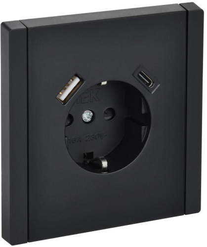 Розетка FORTE&PIANO FP147 16А USB A+C 18Вт с заземл. защ. штроки винт. крепл. черн. IEK FP-R14-16-U22-018-K02
