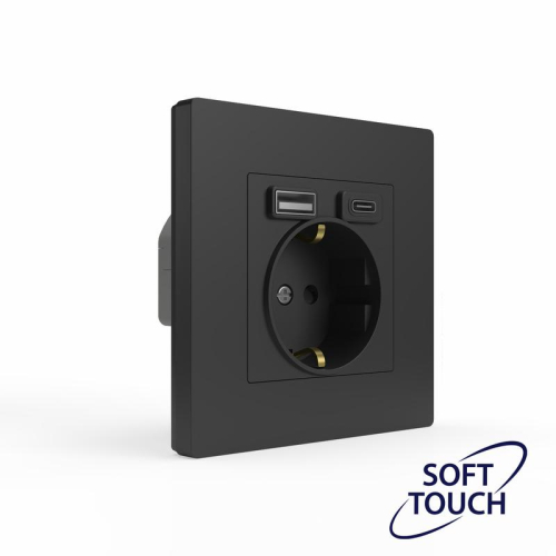 Розетка 1-м СП Pixel с заземл. с 2-мя заряд. устр. USB тип A+C IP20 механизм карбон TOKOV ELECTRIC TKE-PX-R1U2AC-C14